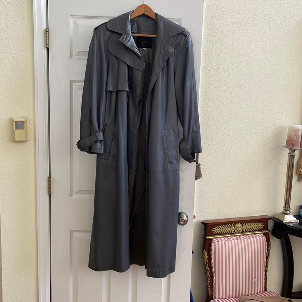 FENDI grey leather maxi trench coat, size 6